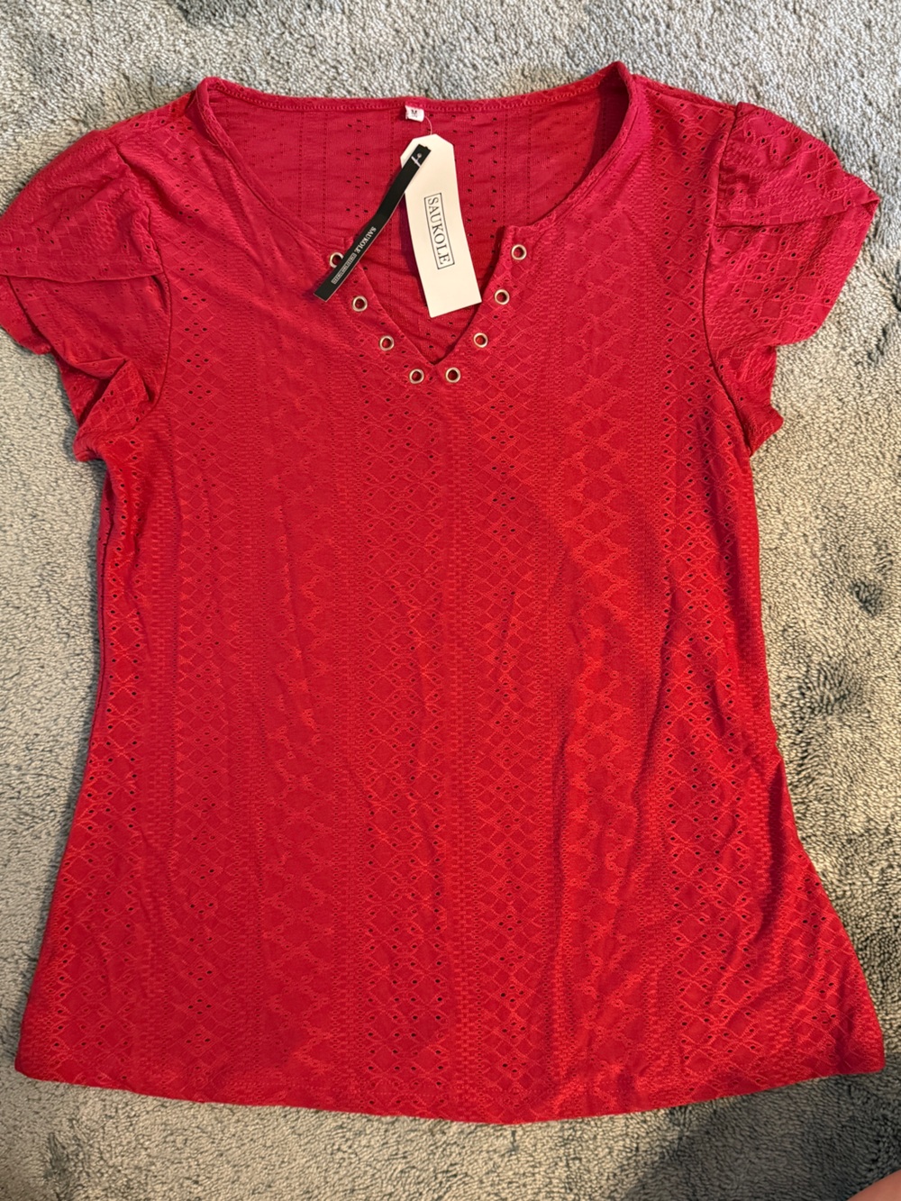 NWT Red Eyelet V-Neck Women's Top
